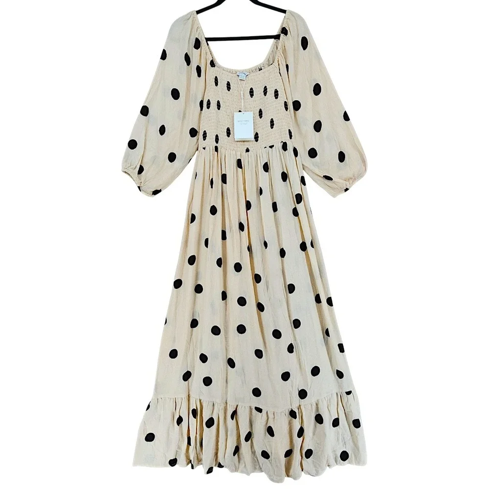 Seraphine Maxi Dress 12 Carmen Cream Black Polka Dot Shirred Boho Maternity NEW